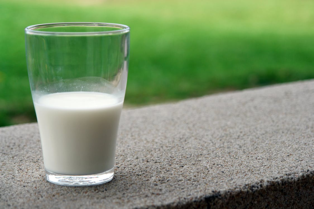  An image of a glass of  milk placed on a wall in a green field